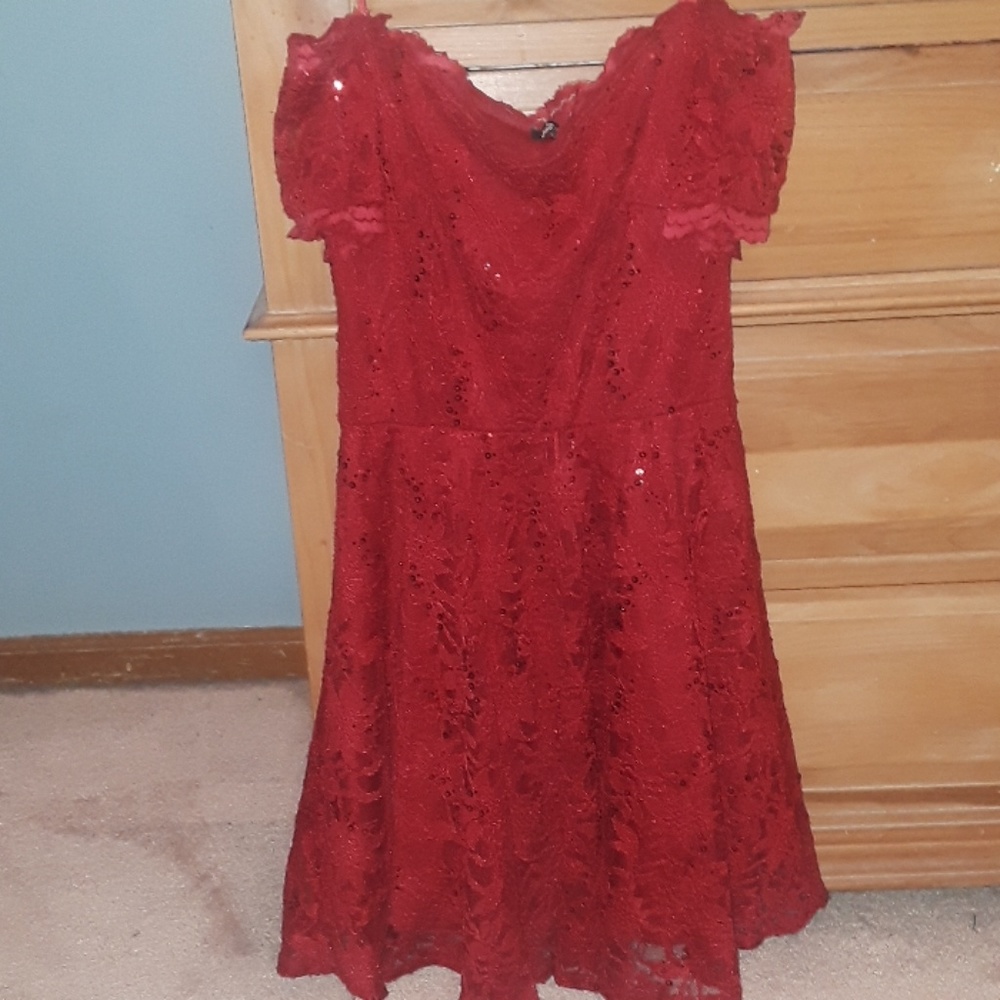 Red off-the-shoulder mini dress